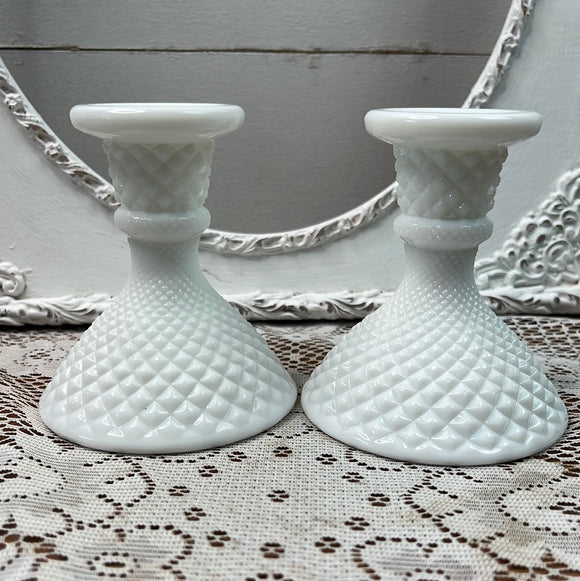 PAIR OF MILK GLASS DIAMOND QUILT CANDLESTICKS