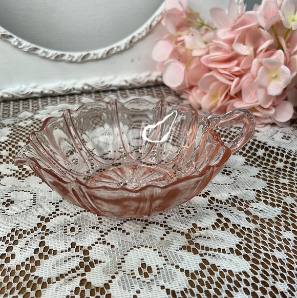 PINK DEPRESSION GLASS LEAF SNACK BOWL WITH HANDLE