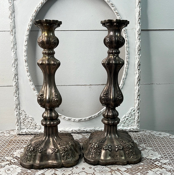 PAIR OF PERFECTLY PATINAD XL FLORAL CANDLESTICKS