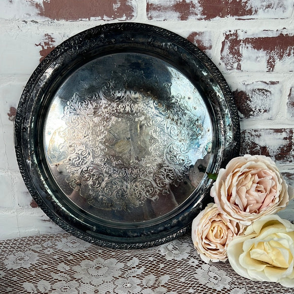 INTRICATE SILVER ETCHED LARGE CIRCLE TRAY