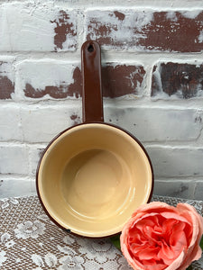 CREAM AND BROWN VINTAGE ENAMEL SMALL PAN