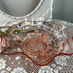 WAVY PINK DEPRESSION GLASS SERVING DISH ON FEET