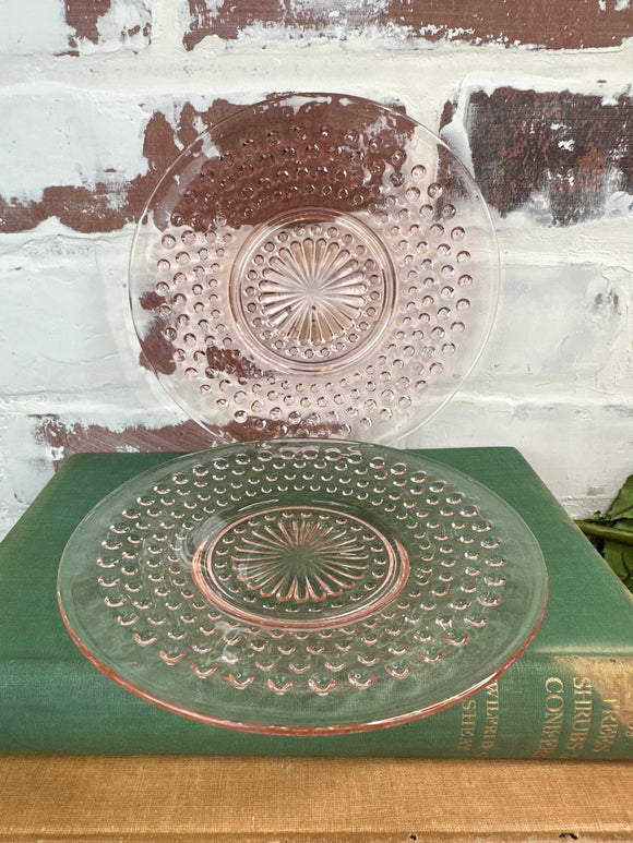 SET OF 2 ANCHOR HOCKING PINK HOBNAIL BREAD/DESSERT PLATES