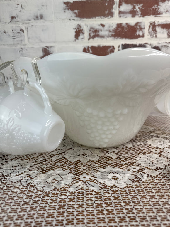 MILK GLASS PUNCH BOWL WITH 12 CUPS HANGING LADLES SET