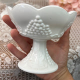 PAIR OF MILK GLASS GRAPE MOTIF ORNATE CANDLESTICK HOLDERS