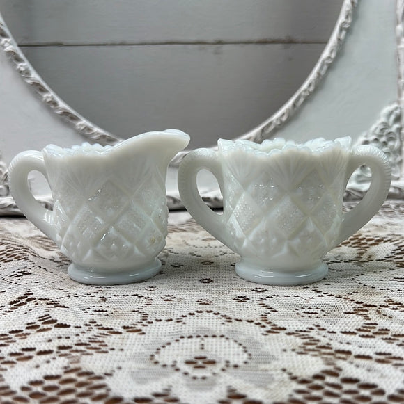 MILK GLASS ORNATE SUGAR BOWL AND CREAMER SET