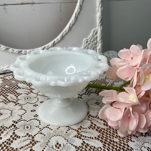 SMALL MILK GLASS EYELET DISH ON PEDESTAL - 2 AVAILABLE