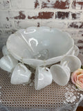 MILK GLASS PUNCH BOWL WITH 12 CUPS HANGING LADLES SET