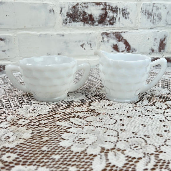 SET OF MILK GLASS DETAILED SUGAR BOWL AND CREAMER