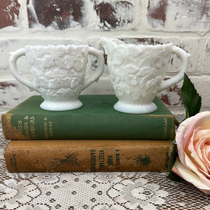 MILK GLASS SET VINTAGE CREAMER AND SUGAR ORNATE DETAIL