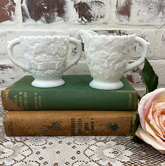 MILK GLASS SET VINTAGE CREAMER AND SUGAR ORNATE DETAIL