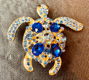 BLUE BLING TURTLE BROOCH