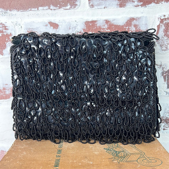 LA REGALE BEADED ORNATE BLACK CLUTCH PURSE