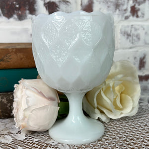 SCALLOPED INTRICATE MILK GLASS GOBLET VASE ON PEDESTAL