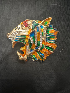 XL CAT LION TIGER HEAD GEM AND ENAMEL BROOCH