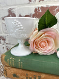 MILK GLASS PEDESTAL GRAPE MOTIF SUGAR BOWL AND CREAMER SET