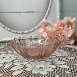 PINK DEPRESSION GLASS LEAF SNACK BOWL WITH HANDLE