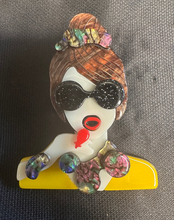 LADY IN YELLOW COOL CAT ACRYLIC BROOCH