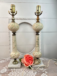 ANTIQUE MARBLE BOTTOM HANDPAINTED FROSTED TABLE LAMP - 2 AVAILABLE