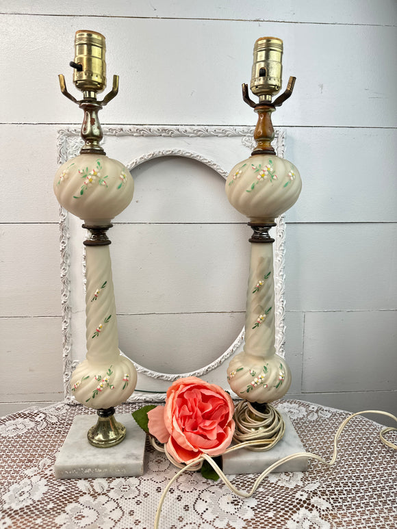 ANTIQUE MARBLE BOTTOM HANDPAINTED FROSTED TABLE LAMP - 2 AVAILABLE