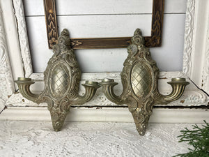 PAIR OF ANTIQUE METAL ORNATE DETAILED CANDLE SCONCES