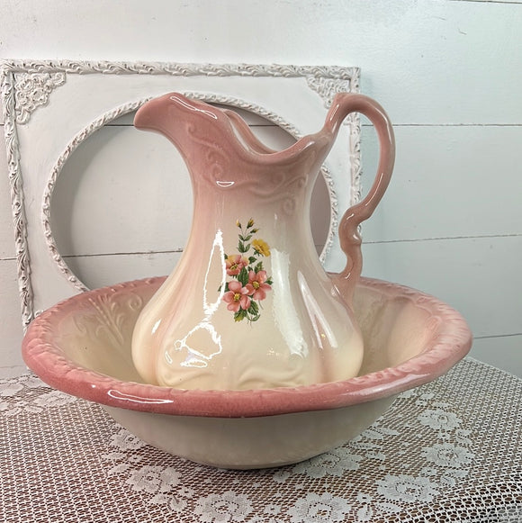 AMAZING ORNATE IRONSTONE FLORAL BASIN AND PITCHER VINTAGE