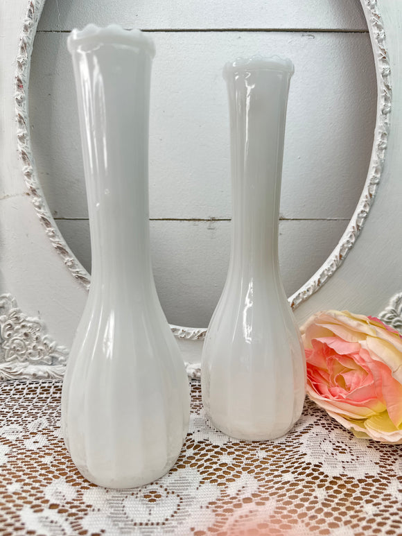 MILK GLASS BUD VASE RIBBED - 2 AVAILABLE