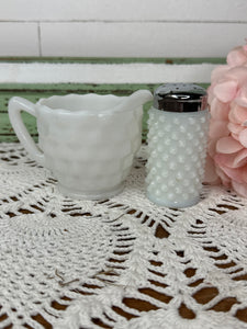 SET OF MILK GLASS SPICE SHAKER AND CREAMER