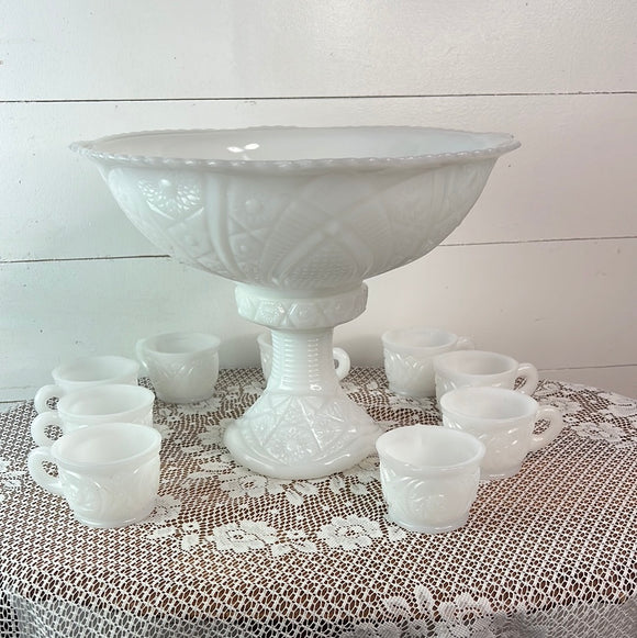 MILK GLASS DIAMOND QUILT PATTERN RARE PUNCH BOWL ON STAND WITH 9 CUPS