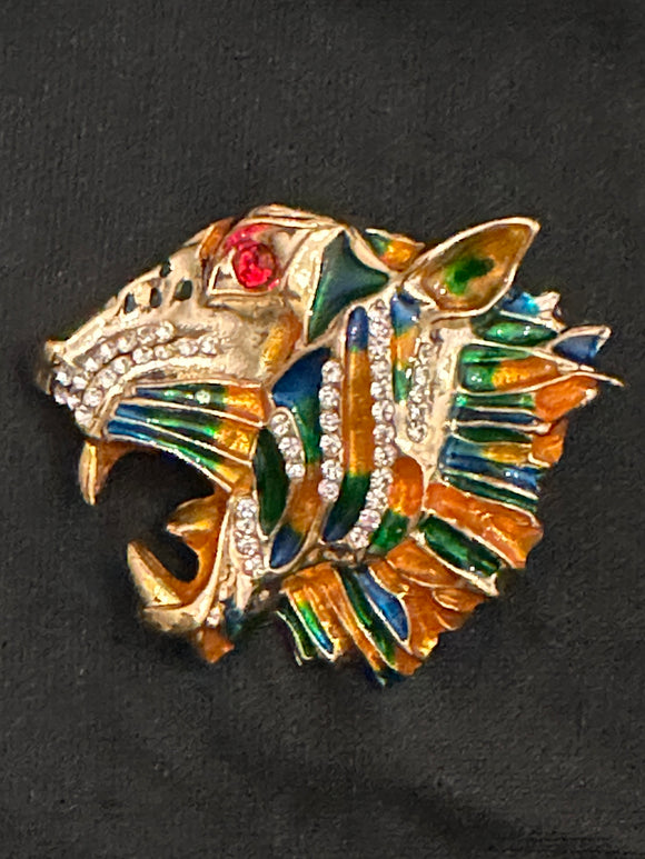 LARGE TIGER HEAD ENAMEL AND GEM BROOCH