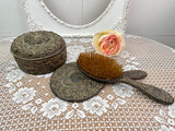 3 PIECE METAL ANTIQUE BRUSH, MIRROR AND RARE POWDER JAR