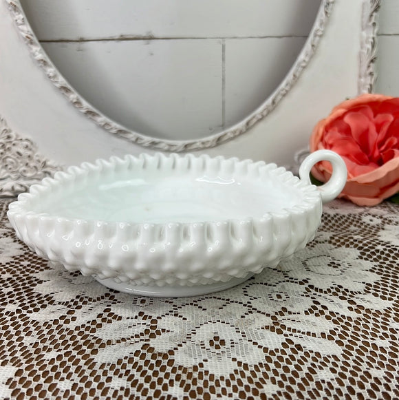 MILK GLASS ORNATE LEAF SHAPED DISH WITH HANDLE