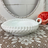 MILK GLASS ORNATE LEAF SHAPED DISH WITH HANDLE