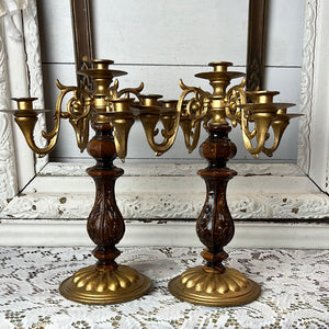 PAIR OF 5 ARM CANDELABRAS VINTAGE BRASS AND RESIN