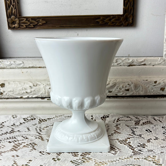 ORNATE MILK GLASS PLANTER ON PEDESTAL