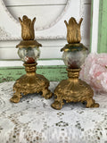 PAIR OF ANTIQUE BRASS AND CRYSTAL CANDLE HOLDERS