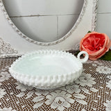 MILK GLASS ORNATE LEAF SHAPED DISH WITH HANDLE