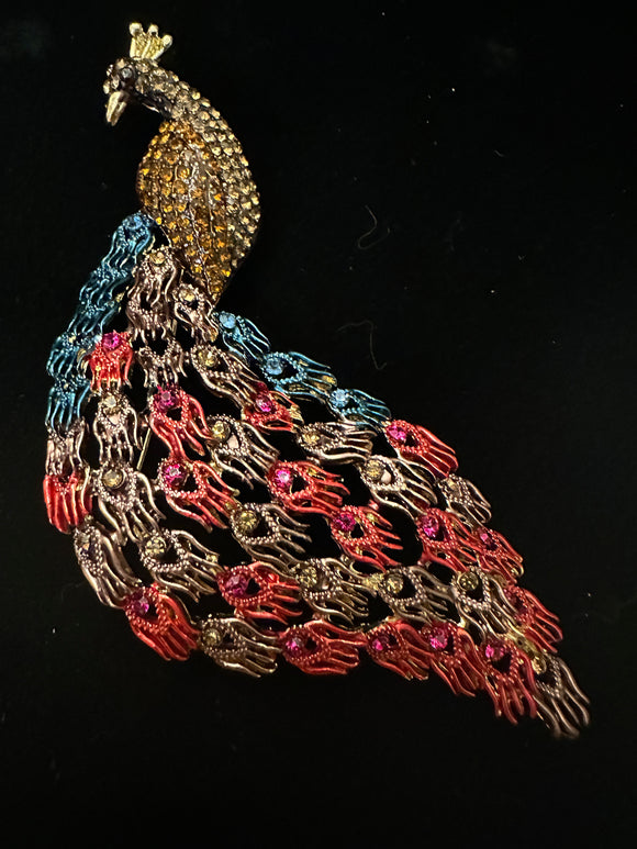 LARGE COLORFUL PEACOCK GEM BROOCH