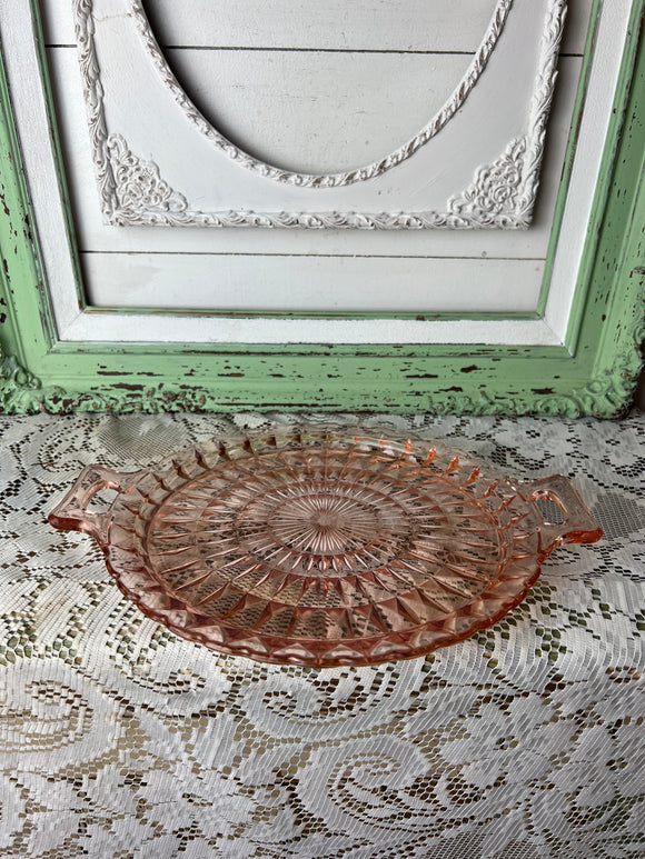 PINK DEPRESSION GLASS RARE PLATTER WITH HANDLES