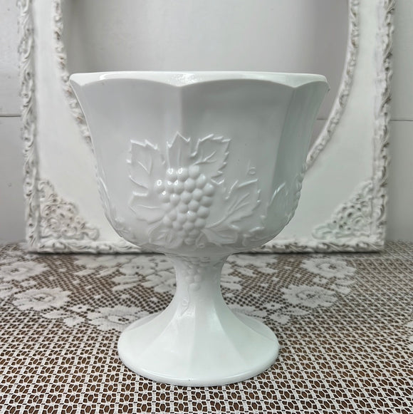 UNIQUE GRAPE MOTIF MILK GLASS LARGE GOBLET DISH ON PEDESTAL