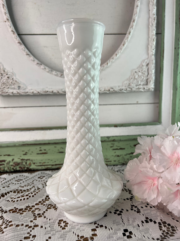 LARGE QUILT MILK GLASS BUD VASE