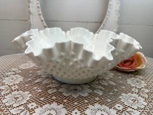 MILK GLASS XL FENTON HOBNAIL RUFFLE BOWL