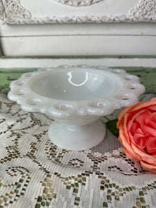 MILK GLASS EYELET CANDY DISH ON PEDESTAL