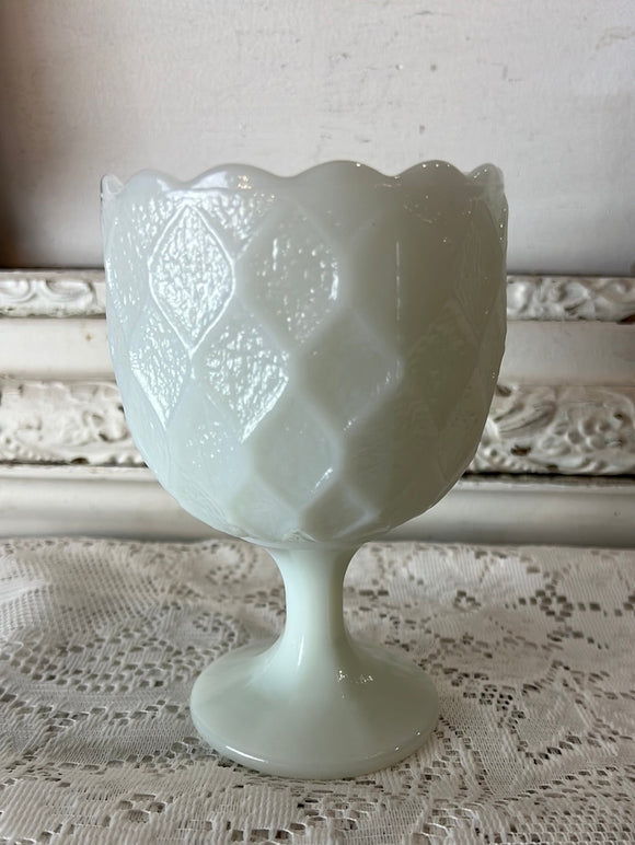 Milk glass tulip diamond quilt scalloped goblet vase